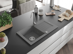 Mexen Pablo chiuvetă din granit cu 1 compartiment și scurgător 752 x 436 mm, gri, sifon crom - 6510751010-71