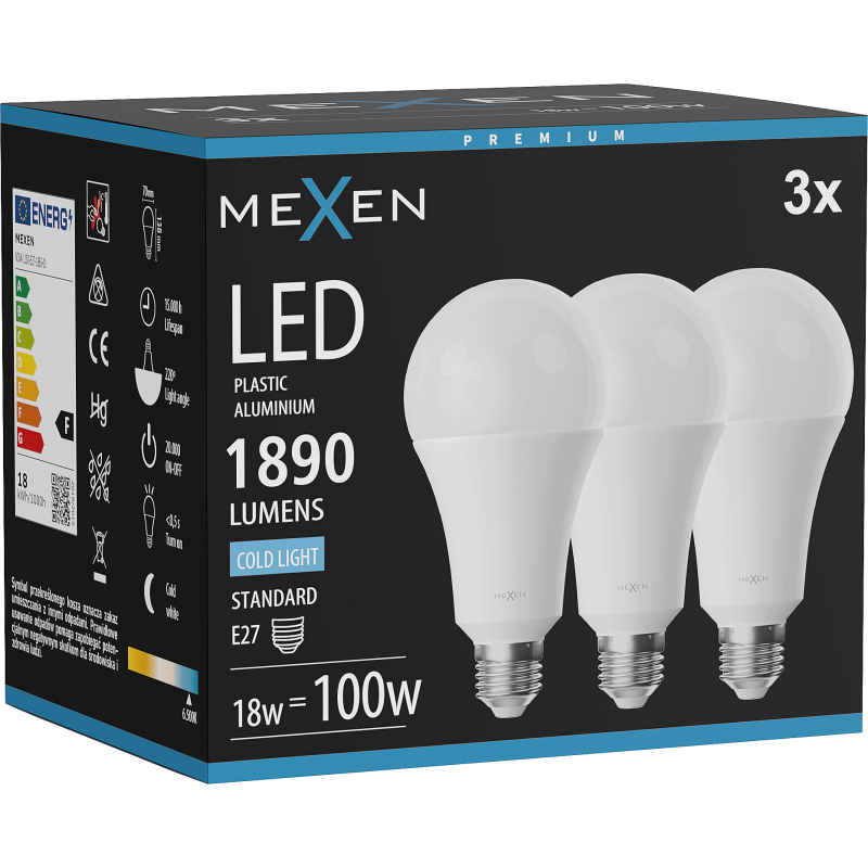 Mexen Nova 3x Bec LED E27, A70, 18W, Rece - 6500K, 1890 lm - L100-E27-1865-01x03