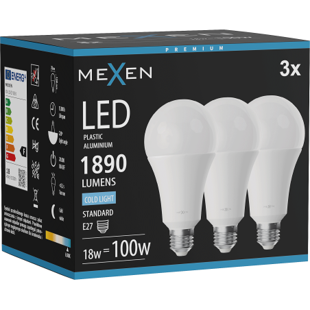 Mexen Nova 3x Bec LED E27, A70, 18W, Rece - 6500K, 1890 lm - L100-E27-1865-01x03