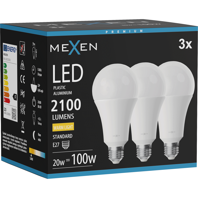 Mexen Nova 3x Bec LED E27, A70, 20W, Caldă - 3000K, 2100 lm - L100-E27-2030-01x03