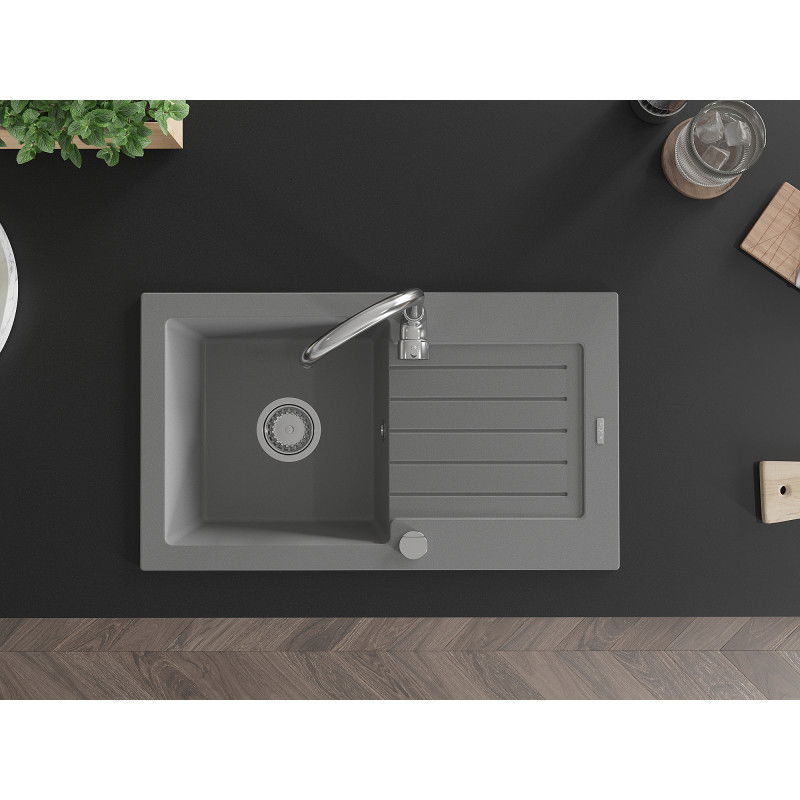 Mexen Pablo chiuvetă din granit cu 1 compartiment și scurgător 752 x 436 mm, gri, sifon crom - 6510751010-71