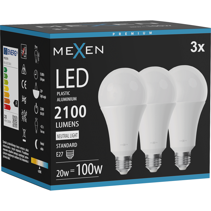 Mexen Nova 3x LED izzók E27, A70, 20W, Semleges - 4000K, 2100 lm - L100-E27-2040-01x03