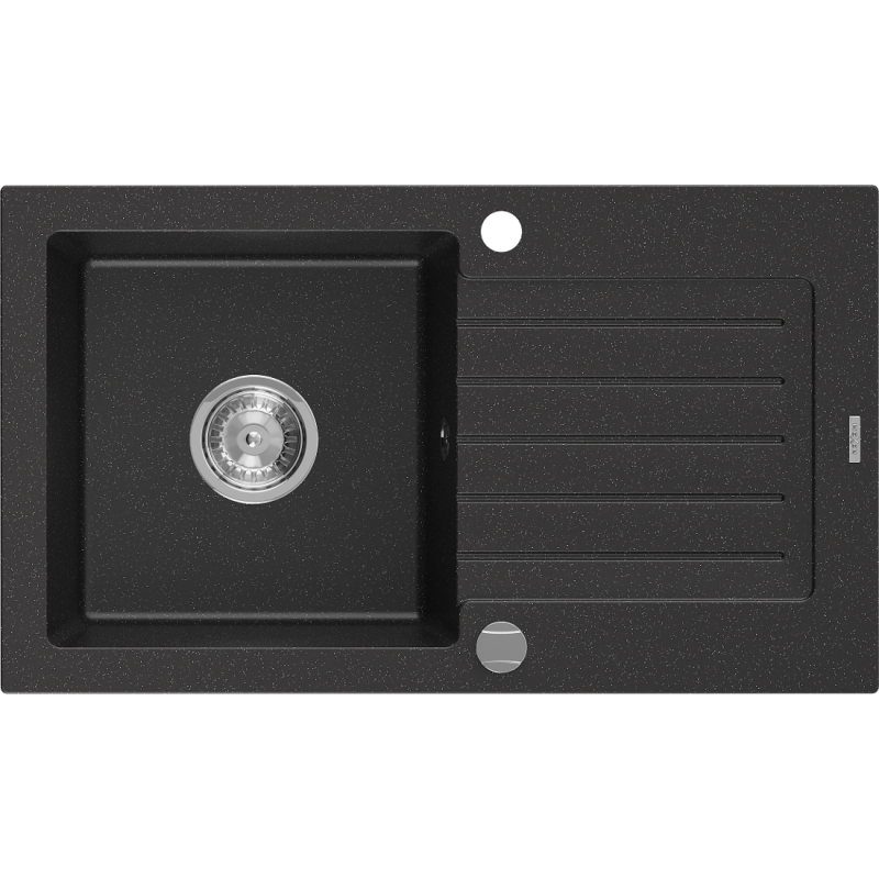 Mexen Pablo chiuvetă de granit cu 1 singură cuvă și picurător 752 x 436 mm, negru/argintiu metalizat, sifon crom