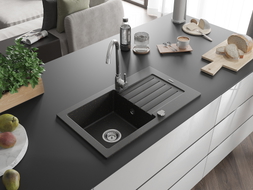 Mexen Pablo chiuvetă de bucătărie din granit cu 1 cuvă și scurgător 752 x 436 mm, negru/auriu metalizat, sifon cromat
