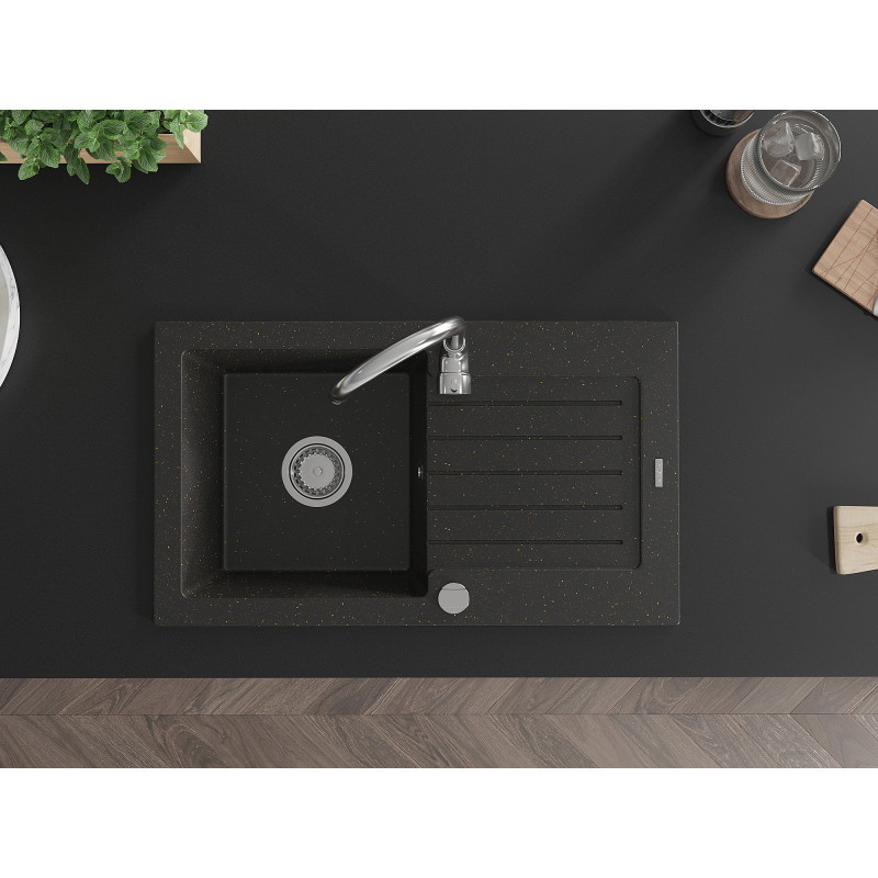 Mexen Pablo chiuvetă de bucătărie din granit cu 1 cuvă și scurgător 752 x 436 mm, negru/auriu metalizat, sifon cromat