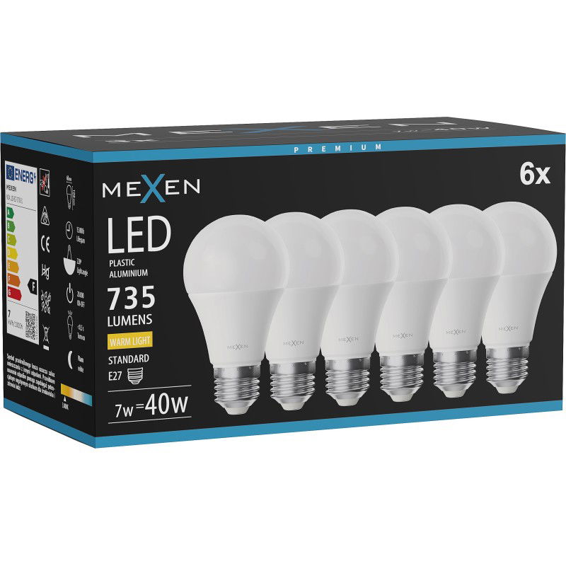 Mexen Nova 6x LED Izzó E27, A60, 7W, Meleg - 3000K, 735 lm - L100-E27-0730-01x06