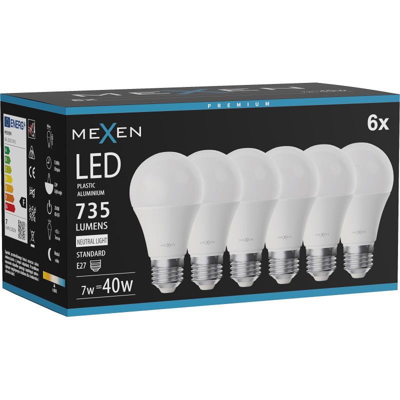 Mexen Nova 6x LED izzó E27, A60, 7W, Semleges - 4000K, 735 lm - L100-E27-0740-01x06