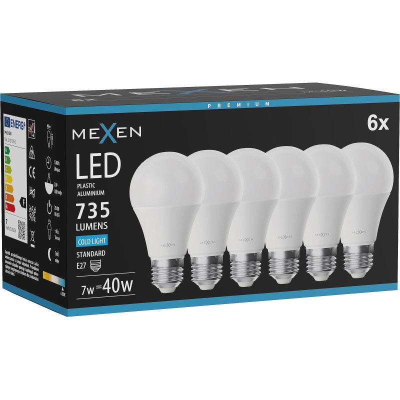 Mexen Nova 6x Bec LED E27, A60, 7W, Rece - 6500K, 735 lm - L100-E27-0765-01x06