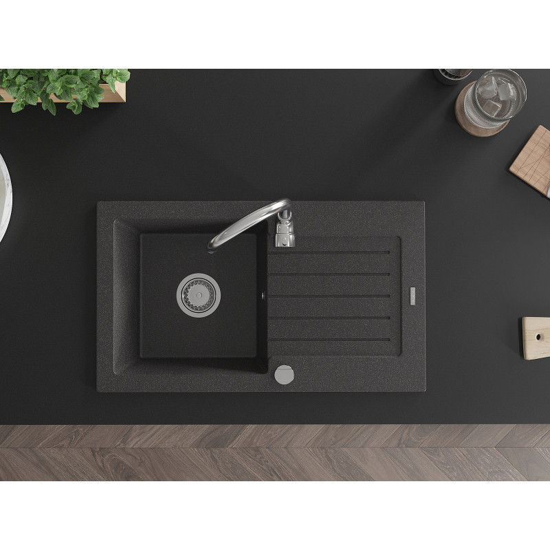 Mexen Pablo chiuvetă din granit cu 1 compartiment cu picurător 752 x 436 mm, negru cu stropi, sifon crom - 6510751010-76