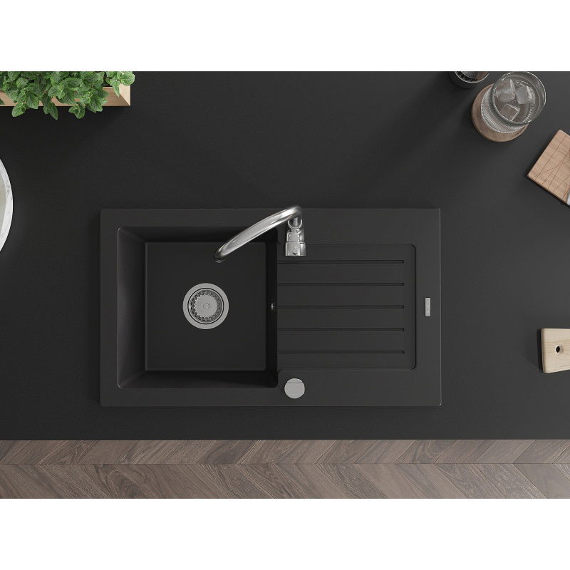 Mexen Pablo chiuvetă de bucătărie din granit cu 1 compartiment și scurgător 752 x 436 mm, negru, sifon crom - 6510751010-77