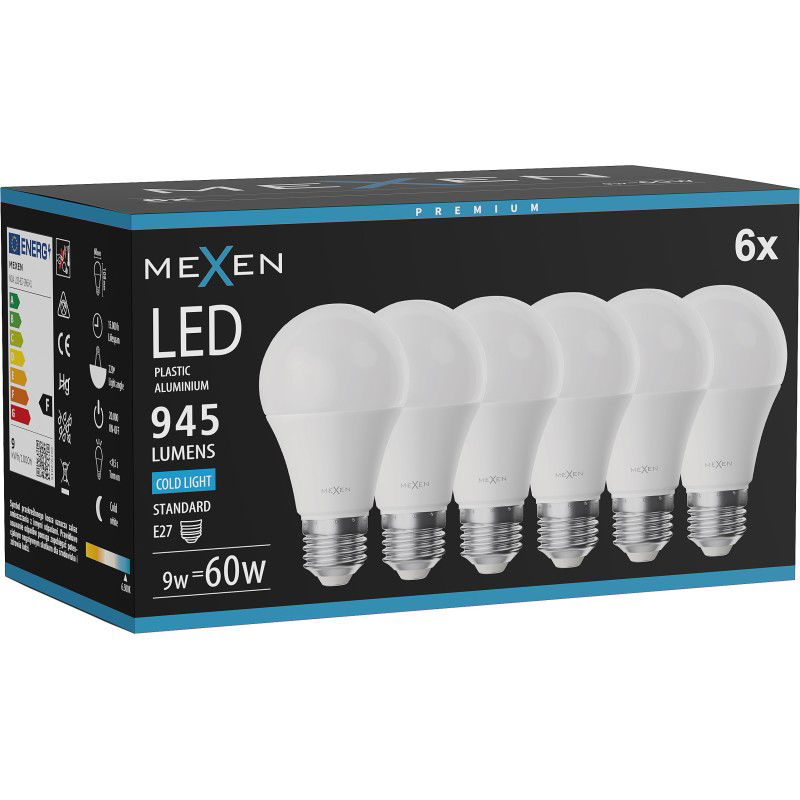 Mexen Nova 6x LED izzó E27, A60, 9W, Hideg - 6500K, 945 lm - L100-E27-0965-01x06