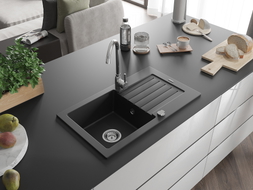 Mexen Pablo chiuvetă de bucătărie din granit cu 1 compartiment și scurgător 752 x 436 mm, negru, sifon cromat
