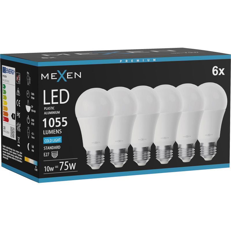Mexen Nova 6x LED izzó E27, A60, 10W, Hideg - 6500K, 1055 lm - L100-E27-1065-01x06
