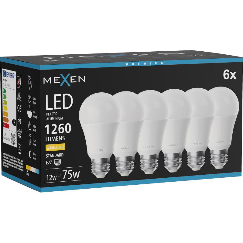 Mexen Nova 6x Bec LED E27, A60, 12W, Cald - 3000K, 1260 lm - L100-E27-1230-01x06