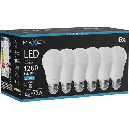 Mexen Nova 6x LED izzó E27, A60, 12W, Hideg - 6500K, 1260 lm - L100-E27-1265-01x06