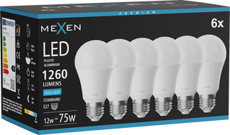 Mexen Nova 6x Bec LED E27, A60, 12W, Rece - 6500K, 1260 lm - L100-E27-1265-01x06