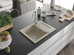 Mexen Enzo chiuvetă de granit cu o singură cuvă și picurător, 576 x 465 mm, bej, sifon cromat - 6506571005-69