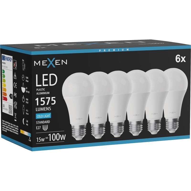 Mexen Nova 6x Bec LED E27, A60, 15W, Rece - 6500K, 1575 lm - L100-E27-1565-01x06