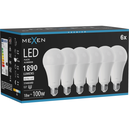 Mexen Nova 6x Bec LED E27, A70, 18W, Neutru - 4000K, 1890 lm - L100-E27-1840-01x06