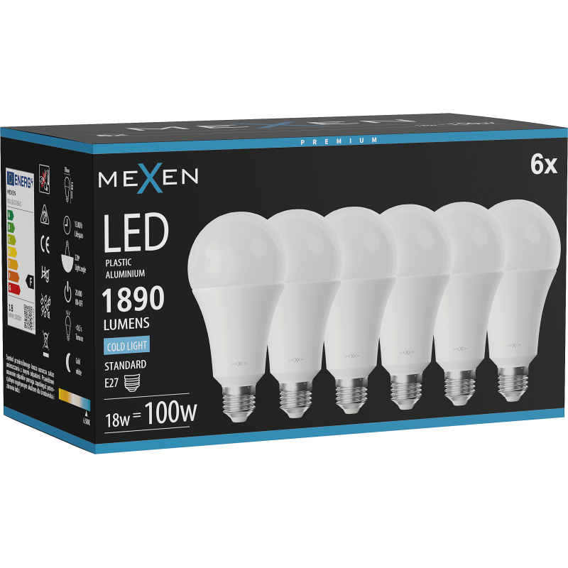 Mexen Nova 6x Bec LED E27, A70, 18W, Rece - 6500K, 1890 lm - L100-E27-1865-01x06