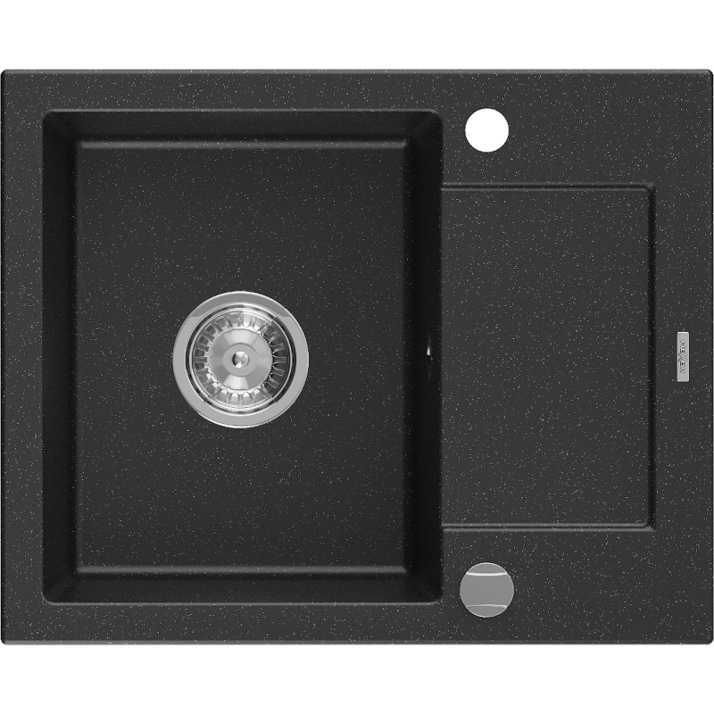 Mexen Enzo 1-medencés gránit mosogató csepegtetővel 576 x 465 mm, fekete/ezüst metál, króm szifon - 6506571005-73