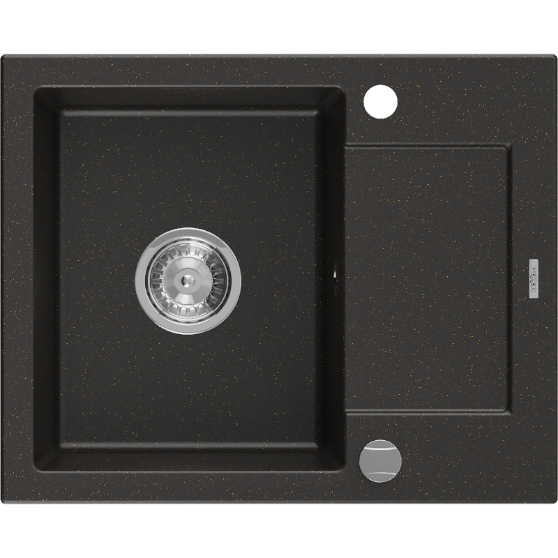Mexen Enzo chiuvetă de granit cu 1 cuvă și picurător 576 x 465 mm, negru/auriu metalic, sifon crom - 6506571005-75