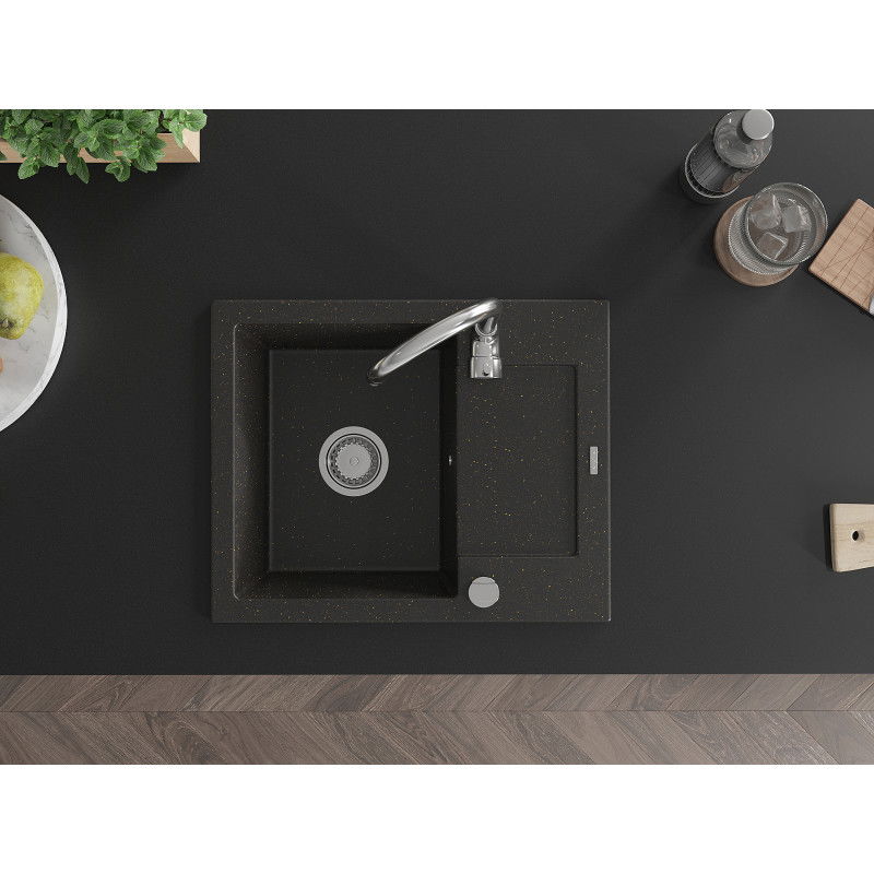 Mexen Enzo chiuvetă de granit cu 1 compartiment și scurgător 576 x 465 mm, negru/auriu metalizat, sifon crom - 6506571005-75