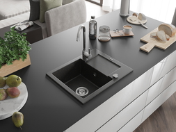 Mexen Enzo 1-medencés gránit mosogató rövid edényszárítóval 576 x 465 mm, Fekete/Fém arany - 6506571005-75