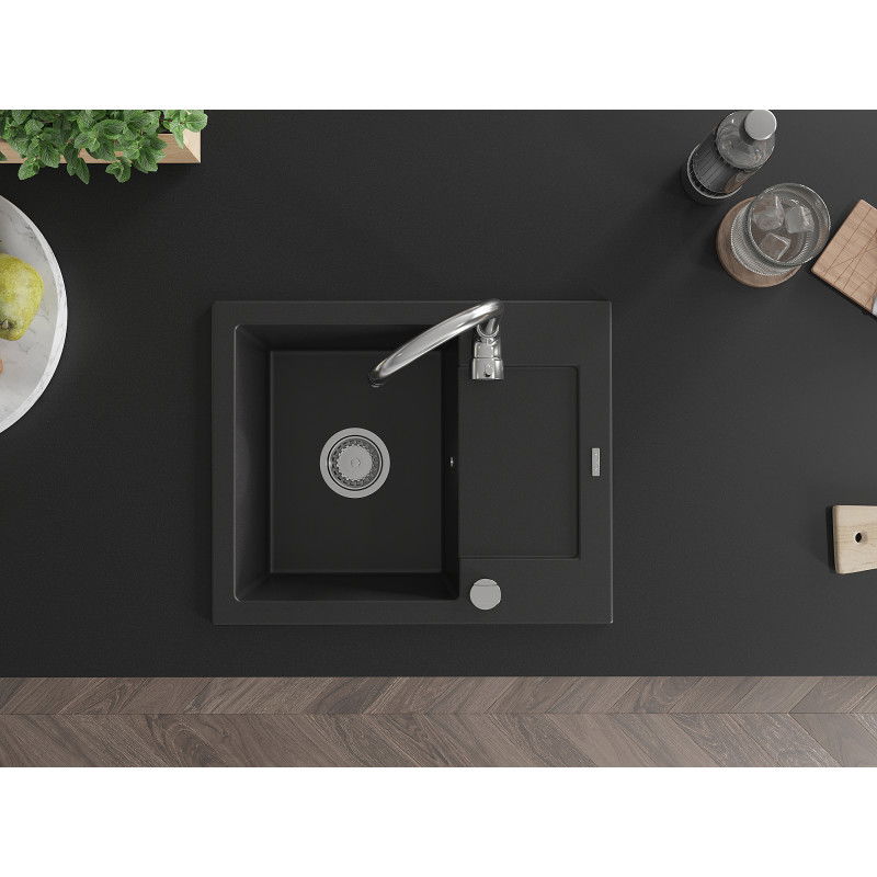 Mexen Enzo chiuvetă de granit cu 1 compartiment și scurgător 576 x 465 mm, negru, sifon crom - 6506571005-77