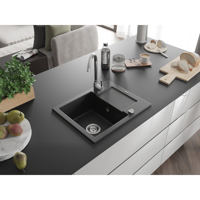 Mexen Enzo chiuvetă de granit cu 1 compartiment și scurgător 576 x 465 mm, negru, sifon crom - 6506571005-77