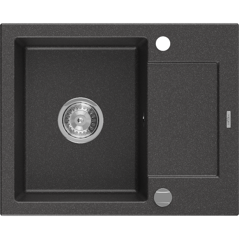 Mexen Enzo chiuvetă de bucătărie granit, cu o cuvă și cu scurgător, 576 x 465 mm, negru pătat, sifon crom - 6506571005-76
