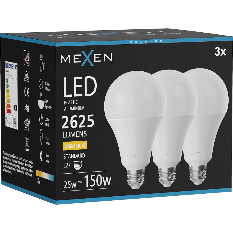 Mexen Nova 3x LED izzó E27, A95, 25W, Meleg - 3000K, 2625 lm - L100-E27-2530-01x03