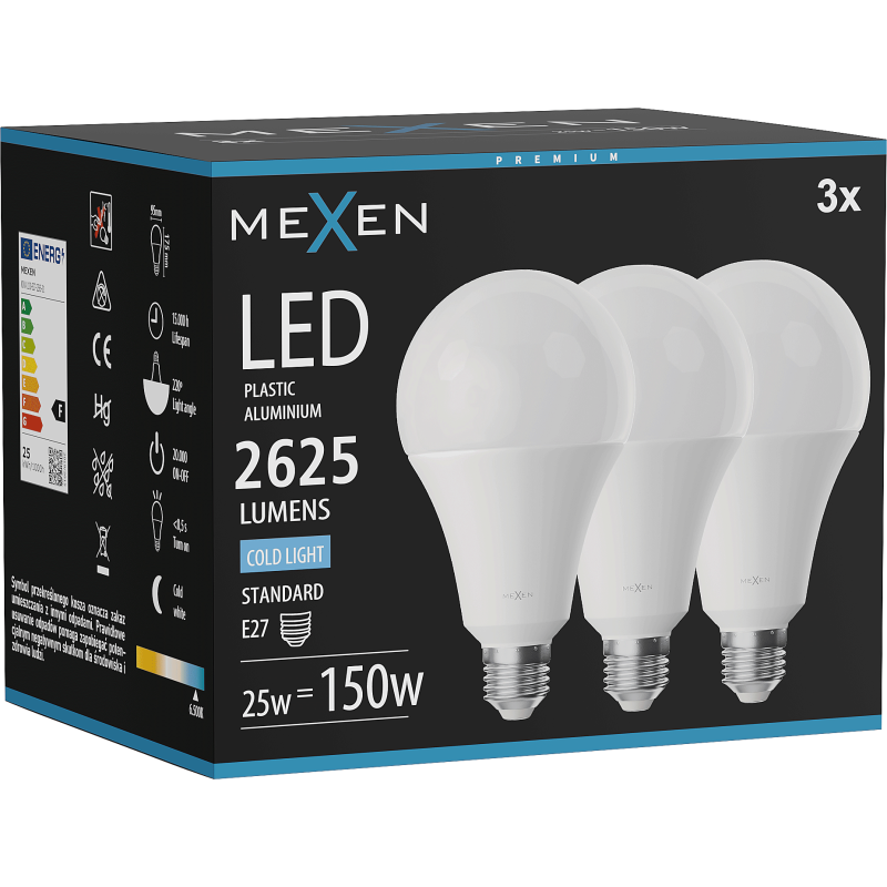 Mexen Nova 3x Bec LED E27, A95, 25W, Rece - 6500K, 2625 lm - L100-E27-2565-01x03