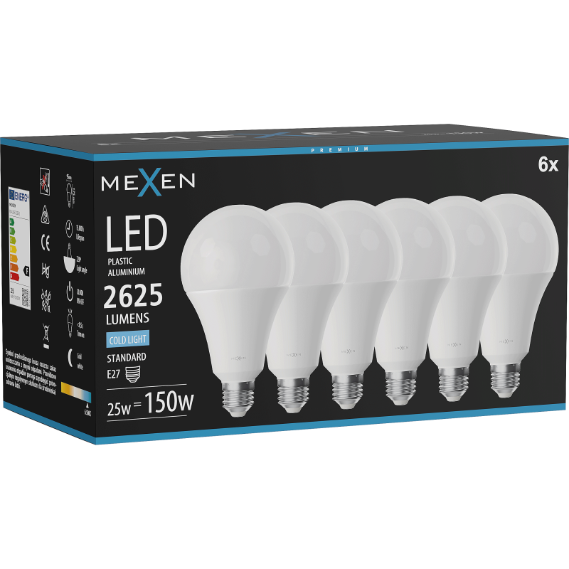 Mexen Nova 6x Bec LED E27, A95, 25W, Rece - 6500K, 2625 lm - L100-E27-2565-01x06