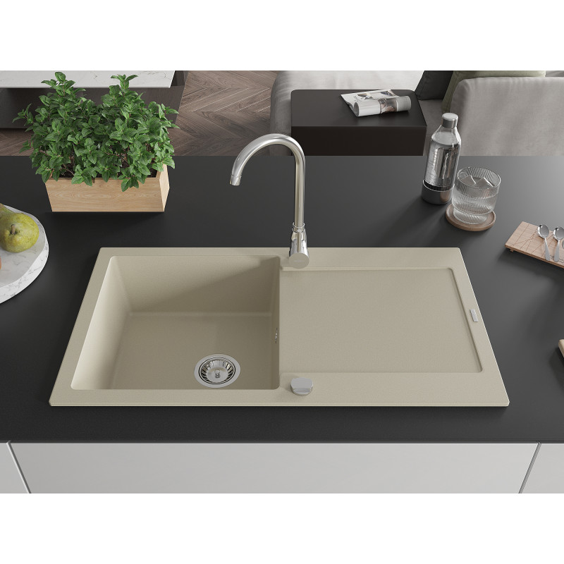 Mexen Leo chiuvetă de bucătărie din granit cu 1 compartiment cu scurgător 900 x 500 mm, bej, sifon crom - 6501901010-69