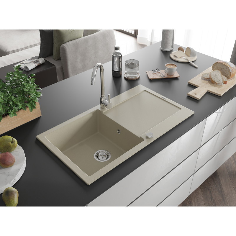 Mexen Leo chiuvetă de bucătărie din granit cu 1 compartiment cu scurgător 900 x 500 mm, bej, sifon crom - 6501901010-69