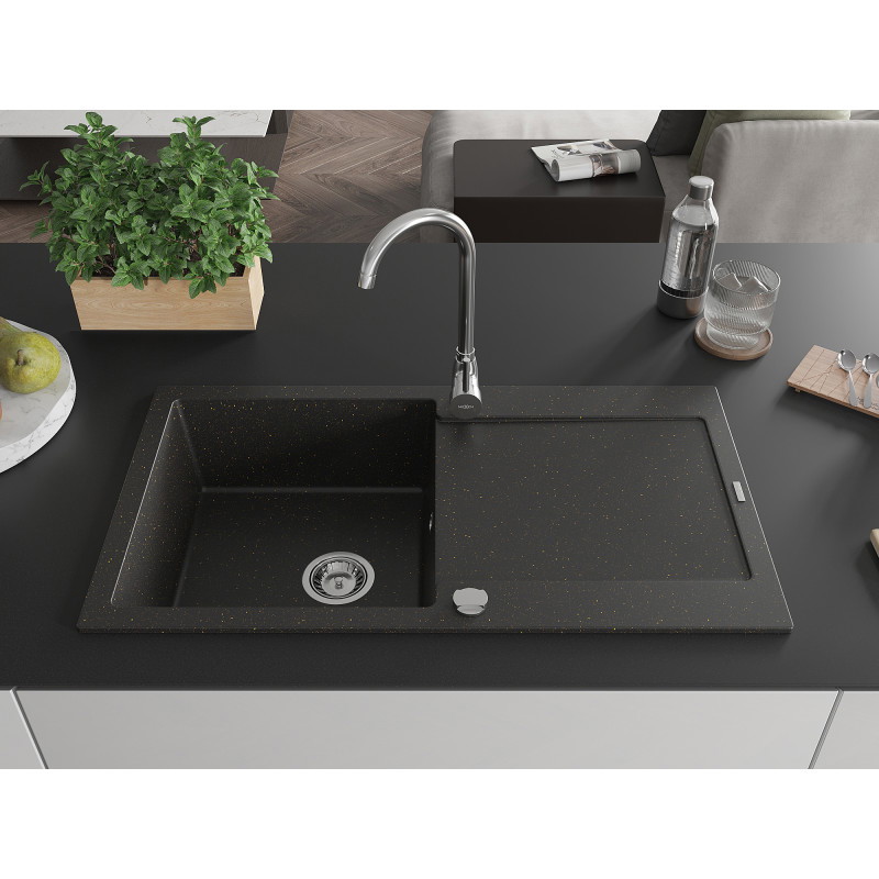 Mexen Leo egy rekeszes gránit mosogató csepegtetővel 900 x 500 mm, fekete/arany metál, króm szifon - 6501901010-75