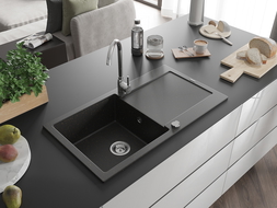 Mexen Leo 1-medencés gránit mosogató edényszárítóval 900 x 500 mm, Fekete/Fém arany - 6501901010-75