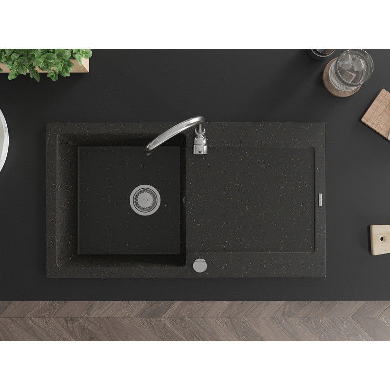 Mexen Leo chiuvetă de bucătărie din granit cu 1 compartiment și scurgător 900 x 500 mm, negru/auriu metalizat, sifon cromat
