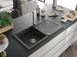 Mexen Leo chiuvetă din granit cu 1 compartiment și picurător 900 x 500 mm, negru pătat, sifon cromat - 6501901010-76