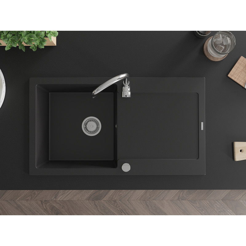 Mexen Leo chiuvetă de granit cu o cuvă și scurgător 900 x 500 mm, negru, sifon crom - 6501901010-77