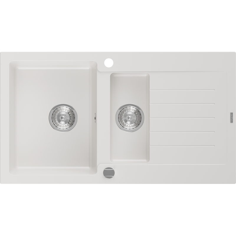 Mexen Matias chiuvetă de bucătărie din granit, cu 1,5 compartimente și scurgător, 900 x 505 mm, alb, sifon cromat