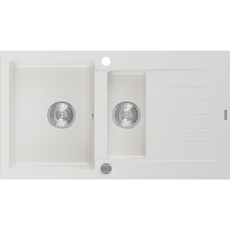 Mexen Matias chiuvetă de bucătărie din granit, cu 1,5 compartimente și scurgător, 900 x 505 mm, alb, sifon cromat