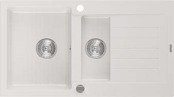 Mexen Matias chiuvetă de bucătărie din granit, cu 1,5 compartimente și scurgător, 900 x 505 mm, alb, sifon cromat