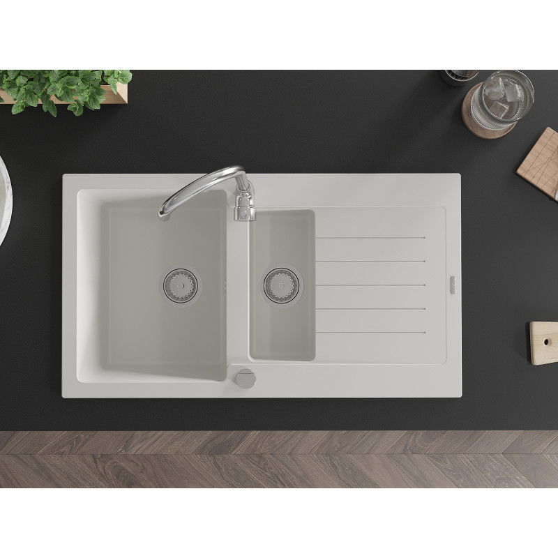 Mexen Matias gránit mosogató 1,5 medencés csepegtetővel 900 x 505 mm, fehér, króm szifon - 6502901505-20