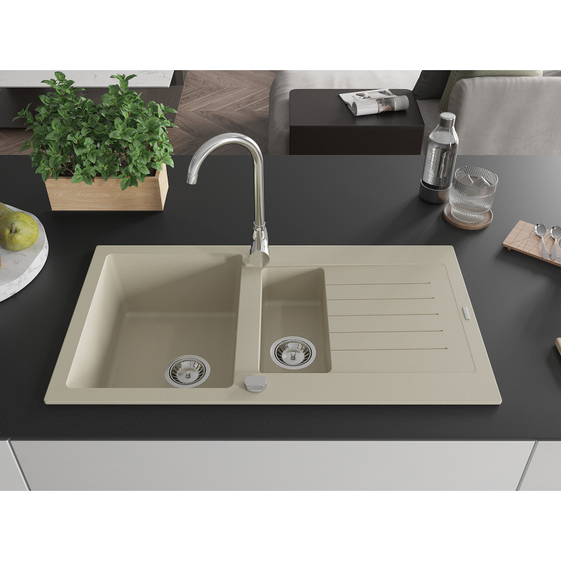 Mexen Matias chiuvetă de granit cu 1,5 compartimente și scurgător 900 x 505 mm, bej, sifon crom - 6502901505-69