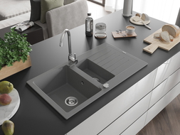 Mexen Matias chiuvetă din granit cu 1,5 cuve cu picurător 900 x 505 mm, gri, sifon crom - 6502901505-71