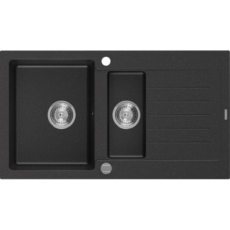 Mexen Matias chiuvetă de granit cu 1,5 cuve și scurgător 900 x 505 mm, negru/argintiu metalic, sifon crom - 6502901505-73