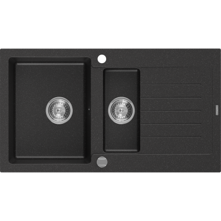 Mexen Matias chiuvetă de granit cu 1,5 cuve și scurgător 900 x 505 mm, negru/argintiu metalic, sifon crom - 6502901505-73
