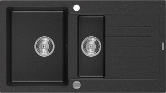 Mexen Matias chiuvetă de granit cu 1,5 cuve și scurgător 900 x 505 mm, negru/argintiu metalic, sifon crom - 6502901505-73